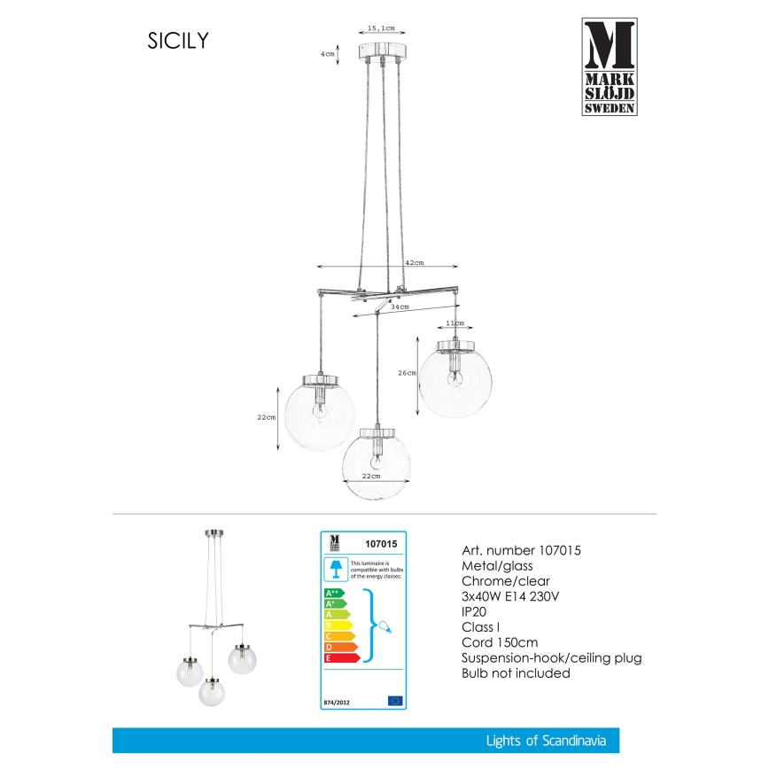 Markslöjd 107015 - Lustra ar auklu SICILY 3xE14/40W/230V