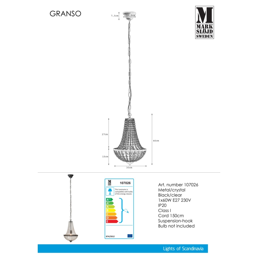 Markslöjd 107026 - Kristāla lustra ar ķēdi GRÄNSÖ 1xE27/60W/230V