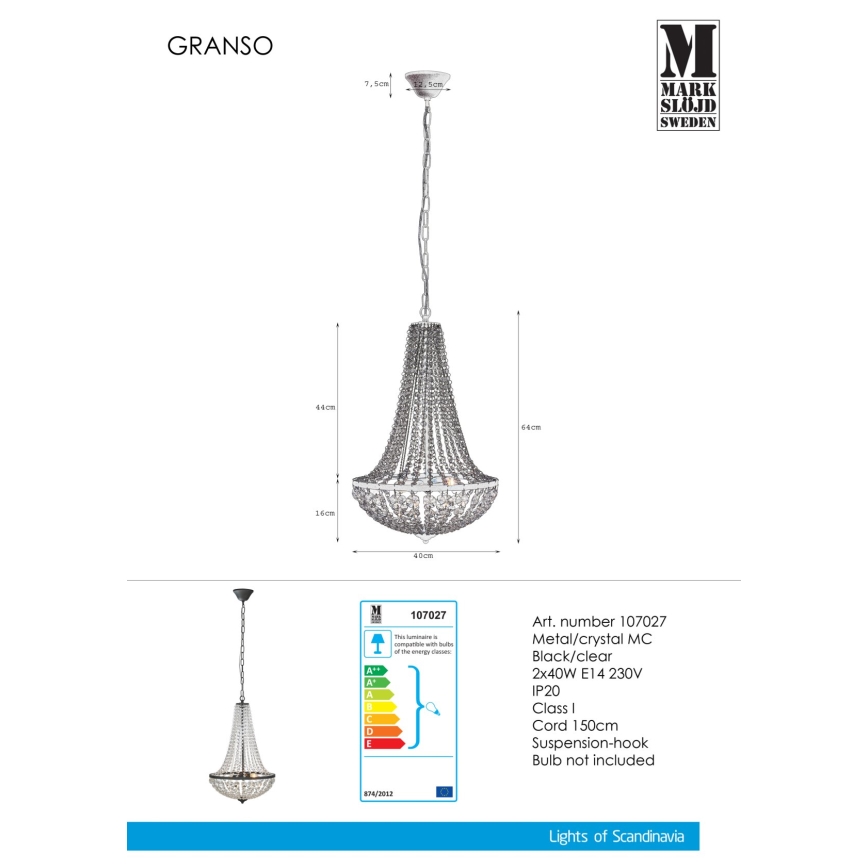 Markslöjd 107027 - Kristāla lustra ar ķēdi GRÄNSÖ 2xE14/40W/230V