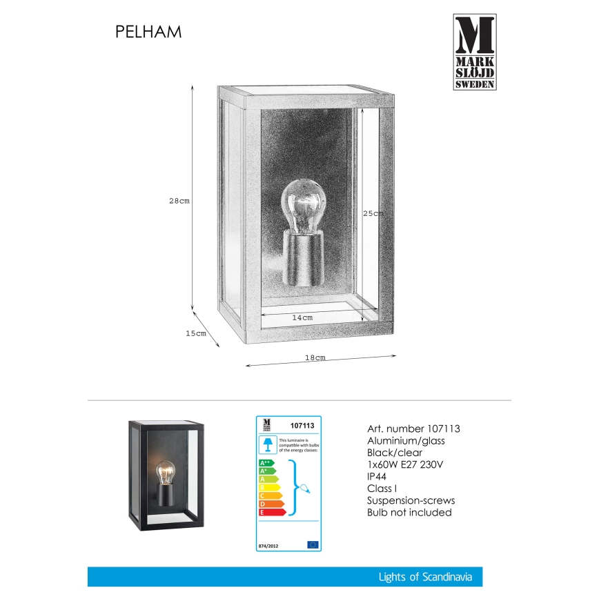 Markslöjd 107113 - Āra sienas lampa PELHAM 1xE27/60W/230V IP44 melna