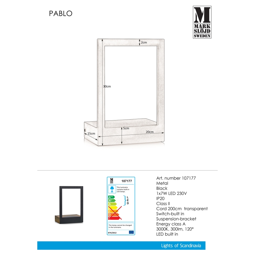 Markslöjd 107177 - LED Sienas gaismeklis ar rāmi PABLO LED/7W/230V