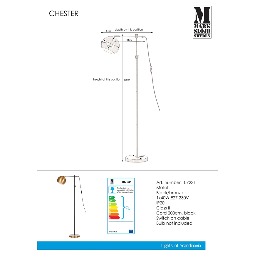 Markslöjd 107231 - Stāvlampa CHESTER 1xE27/40W/230V