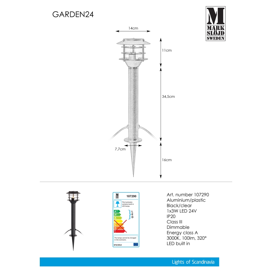 Markslöjd 107290 - LED Āra lampa GARDEN 24 LED/3W/24V 45 cm IP44 melna