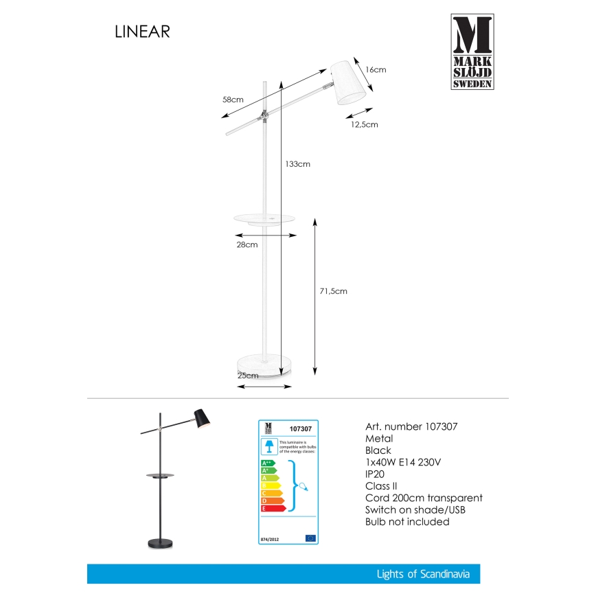 Markslöjd 107307 - Grīdas lampa ar USB LINEAR 1xE14/40W/230V