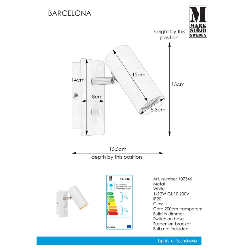 Markslöjd 107346 - Aptumšojams sienas starmetis BARCELONA 1xGU10/12W/230