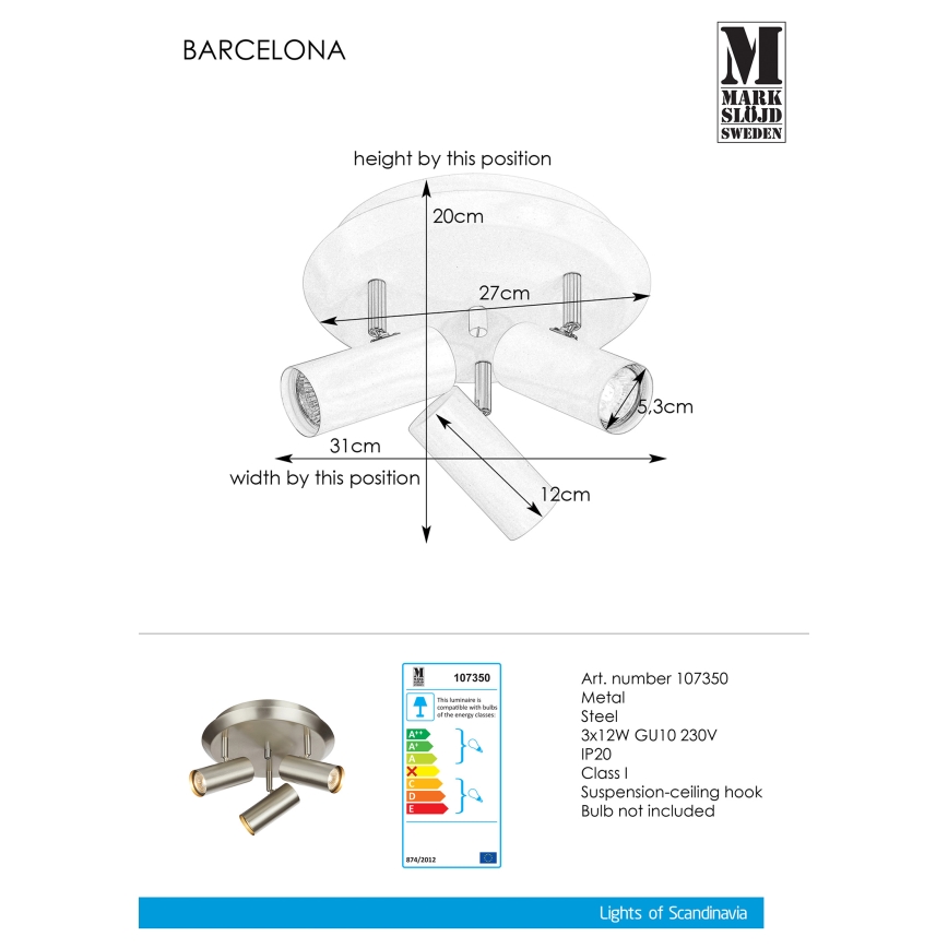 Markslöjd 107350 - Lampa BARCELONA 3xGU10/12W/230V
