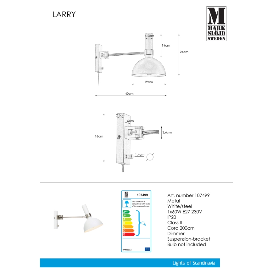 Markslöjd 107499 - Aptumšojama sienas lampa LARRY 1xE27/60W/230V