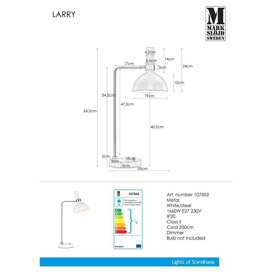 Markslöjd 107502 - Aptumšojama galda lampa LARRY 1xE27/60W/230V
