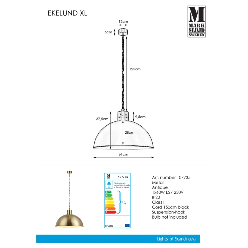 Markslöjd 107735 - Lustra ar ķēdi EKELUND 1xE27/60W/230V