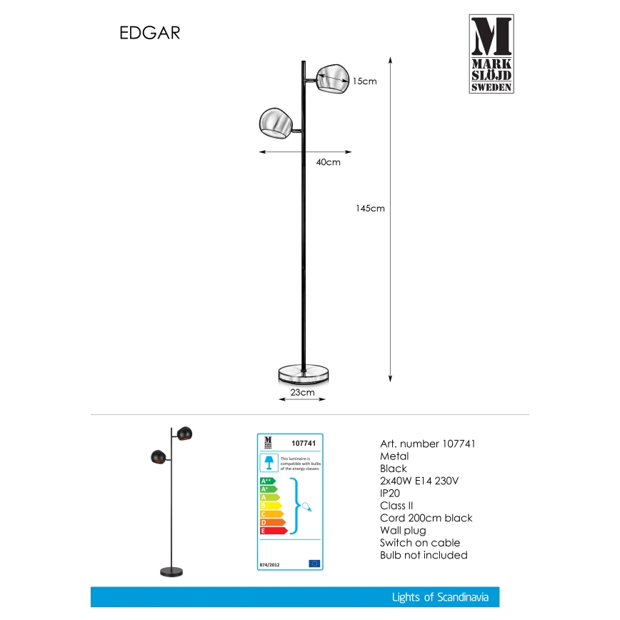 Markslöjd 107741 - Stāvlampa EDGAR 2xE14/40W/230V