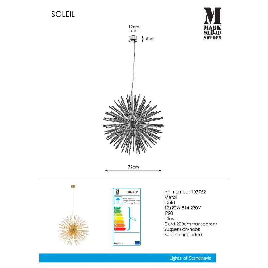 Markslöjd 107752 - Lustra ar auklu SOLEIL 12xE14/20W/260V Rozā zelta