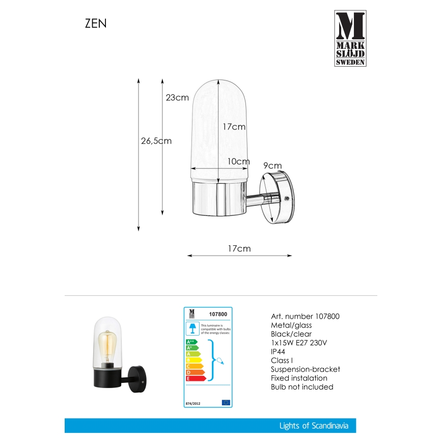 Markslöjd 107800 - Vannas istabas sienas gaismeklis ZEN 1xE27/15W/230V IP44