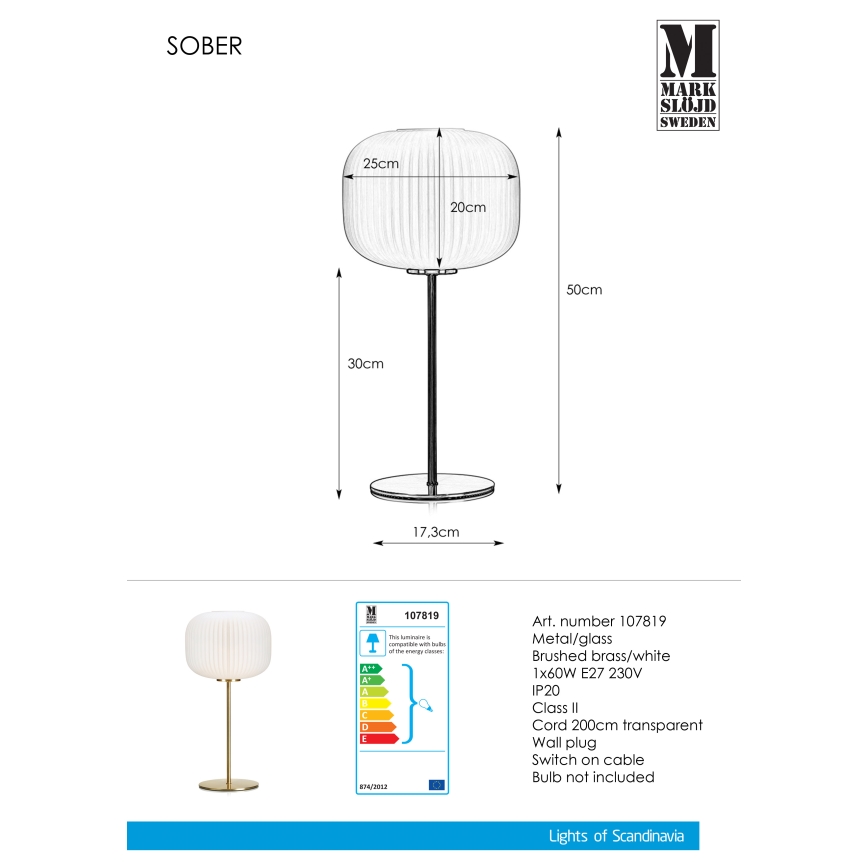 Markslöjd 107819 - Galda lampa SOBER 1xE27/60W/230V balta/misiņa