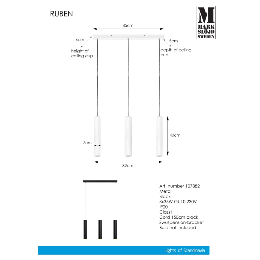 Markslöjd 107882 - Lustra ar auklu RUBEN 3xGU10/35W/230V