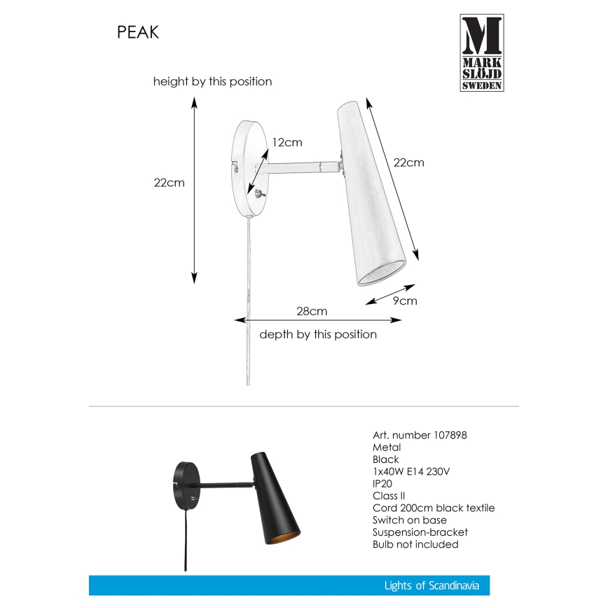 Markslöjd 107898 - Sienas lampa PEAK 1xE14/40W/230V