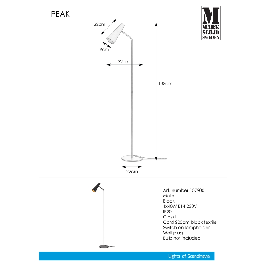 Markslöjd 107900 - Grīdas stāvlampa PEAK 1xE14/40W/230V