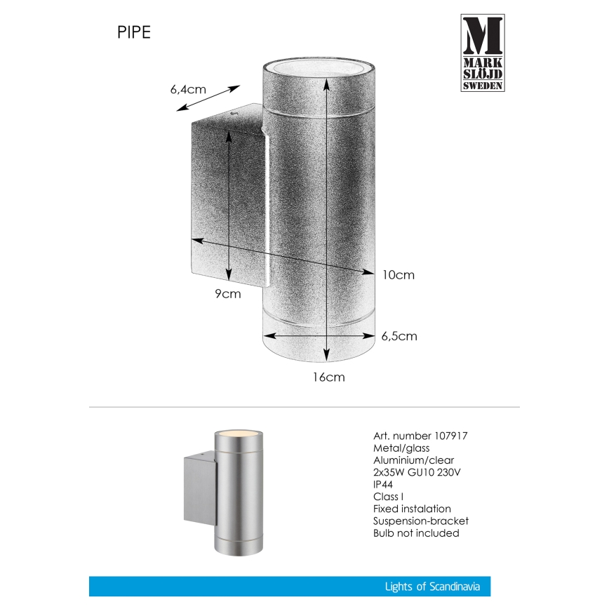 Markslöjd 107917 - Āra sienas gaismeklis PIPE 2xGU10/35W/230V IP44
