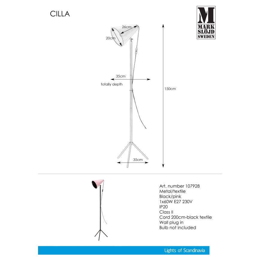 Markslöjd 107928 - Stāvlampa CILLA 1xE27/60W/230V