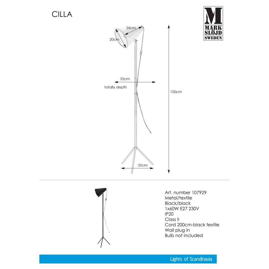 Markslöjd 107929 - Stāvlampa CILLA 1xE27/60W/230V