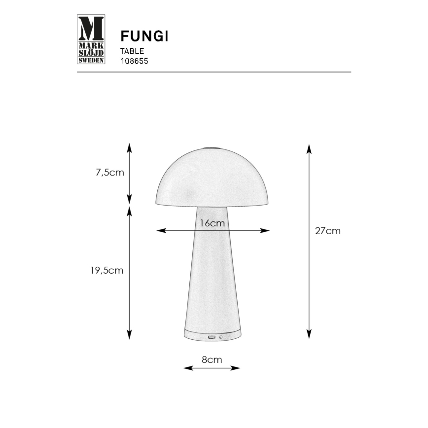 Markslöjd 108655 - LED Aptumšojama uzlādējama lampa FUNGI LED/1,5W/5V IP44 melna