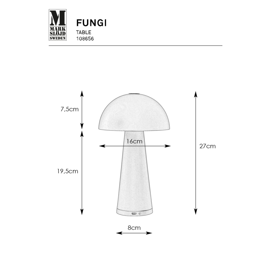 Markslöjd 108656 - LED Aptumšojama uzlādējama lampa FUNGI LED/1,5W/5V IP44 balta