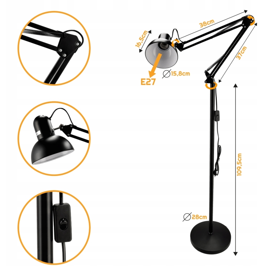 Melna grīdas lampa 1xE27/40W/230V