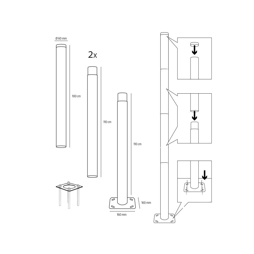 Metāla stabs BASE āra apgaismojuma mastam, 4 m, Ø 60 mm, melns