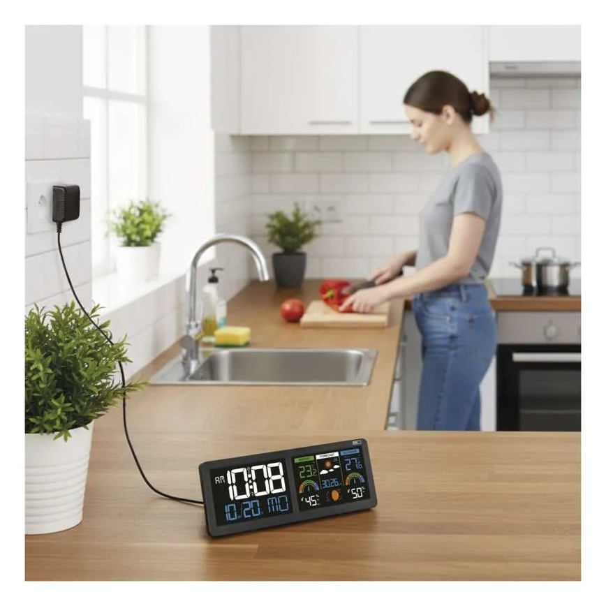 Meteostacija ar krāsainu LCD displeju un modinātāju 5V 3xAAA + 2xAA melna