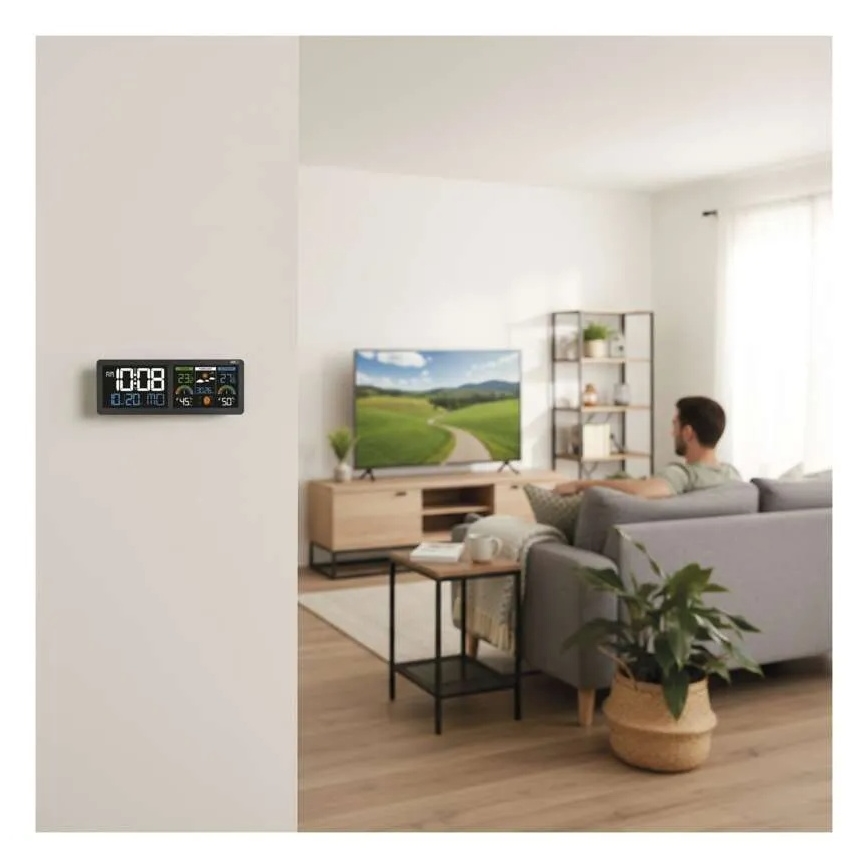 Meteostacija ar krāsainu LCD displeju un modinātāju 5V 3xAAA + 2xAA melna