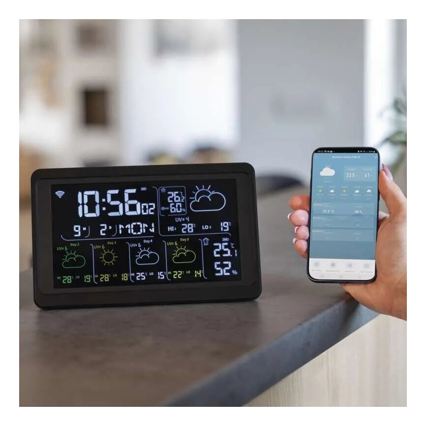 Meteostacija ar LCD ekrānu GoSmart 230V/3xAAA + 2×AAA Wi-Fi Tuya melna