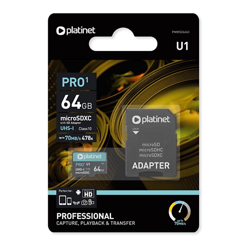 MicroSDXC 64GB U1 Pro 70MB/s + SD adapteris