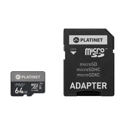 MicroSDXC 64GB U3 Pro A1 90MB/s + SD Adapteris