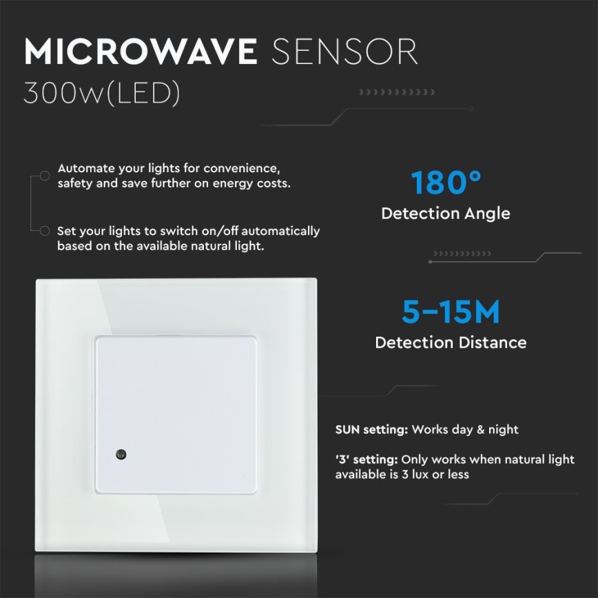 Mikroviļņu kustību sensors 180° 300W/230V balta