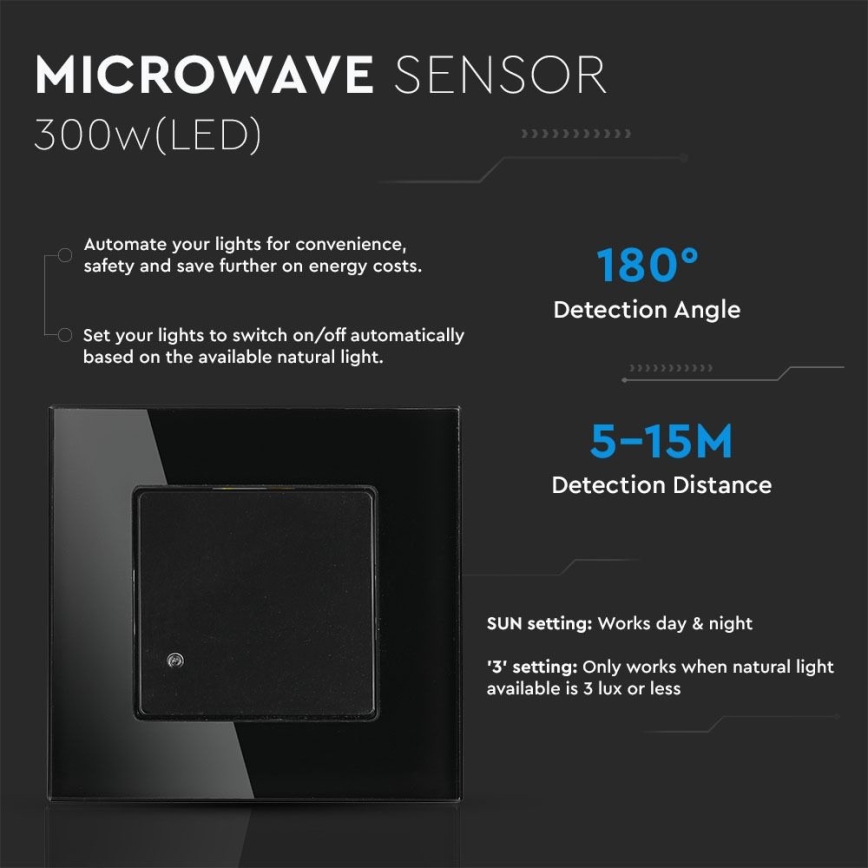 Mikroviļņu kustību sensors 180° 300W/230V melna