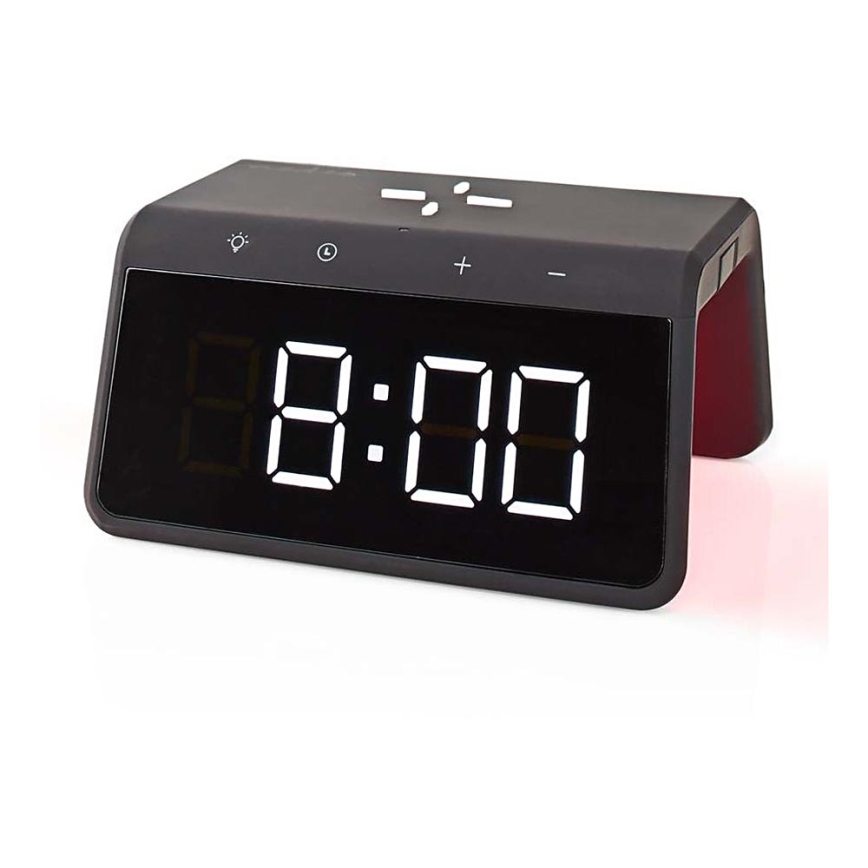 Modinātāja pulkstenis ar LCD ekrānu un bezvadu lādētājs 15W/230V 1x CR2032 melna