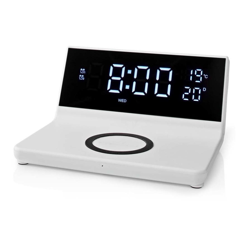 Modinātāja pulkstenis ar LCD ekrānu un bezvadu lādētājs 15W/230V + 1xCR2032 balta
