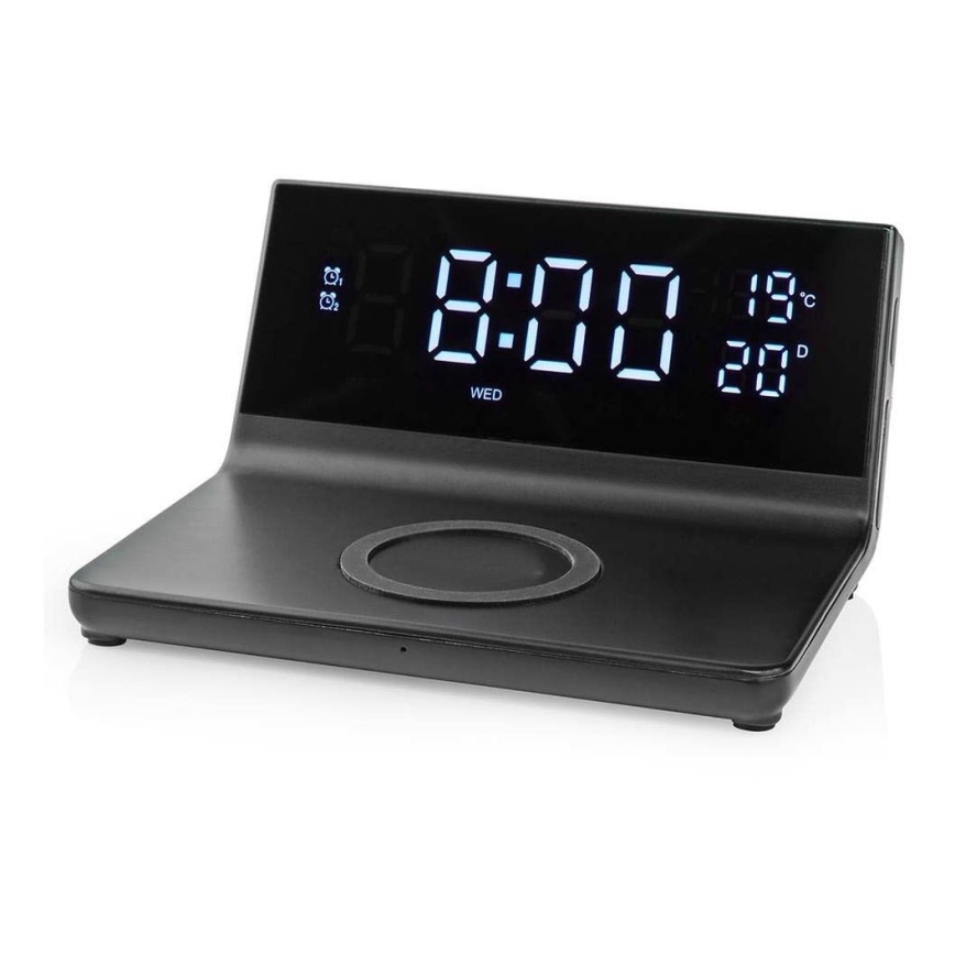Modinātāja pulkstenis ar LCD ekrānu un bezvadu lādētājs 15W/230V + 1xCR2032 melna