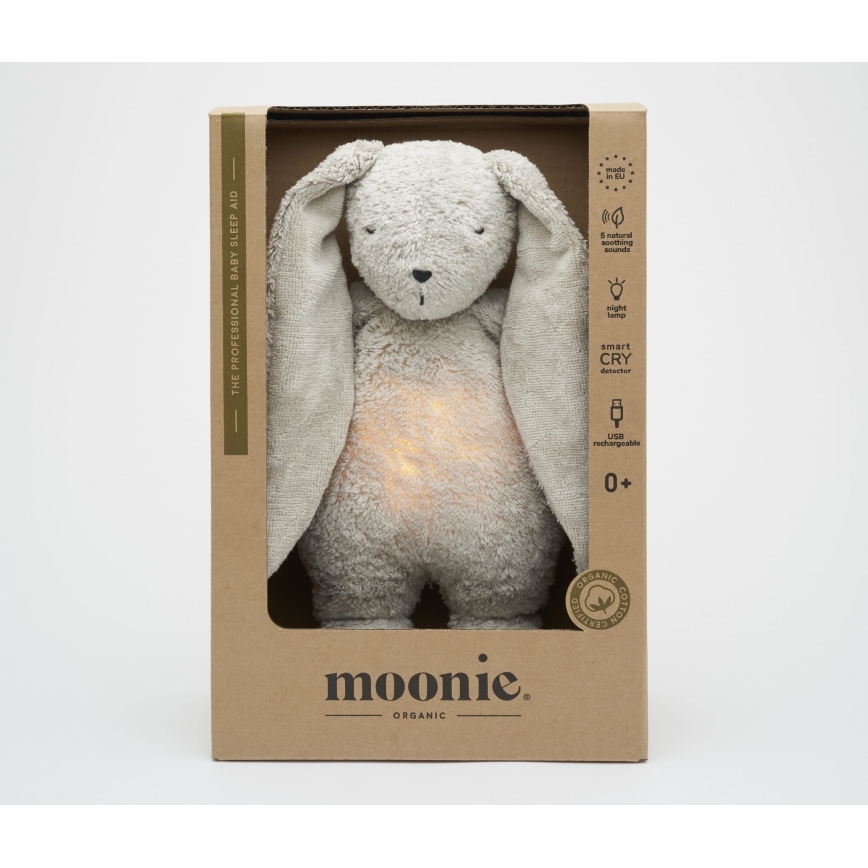 Moonie - Mīļmantiņa ar melodiju un lampu zaķītis 2.0 organic pelēka