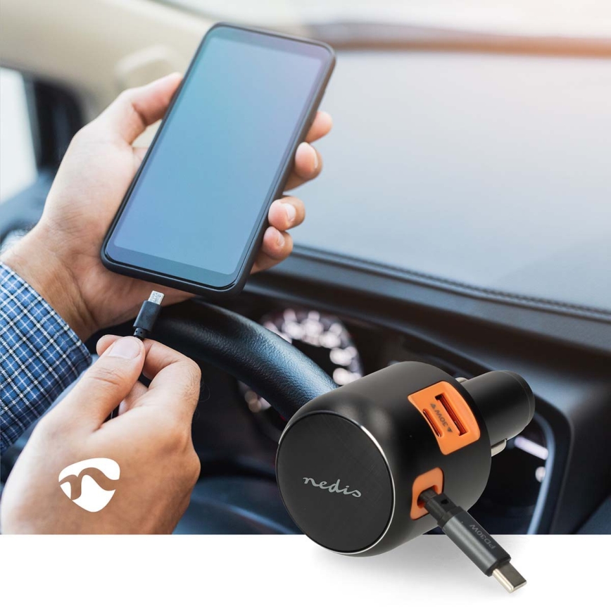 Automašīnas lādētājs ar izvelkamu kabeli Power Delivery 30W 2xUSB-C + 1xUSB-A