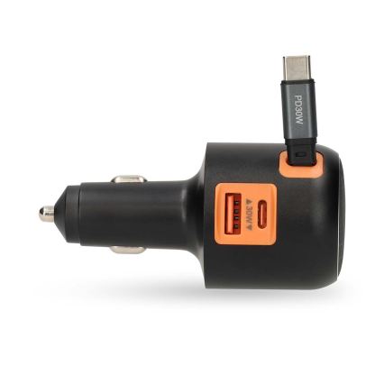 Automašīnas lādētājs ar izvelkamu kabeli Power Delivery 30W 2xUSB-C + 1xUSB-A