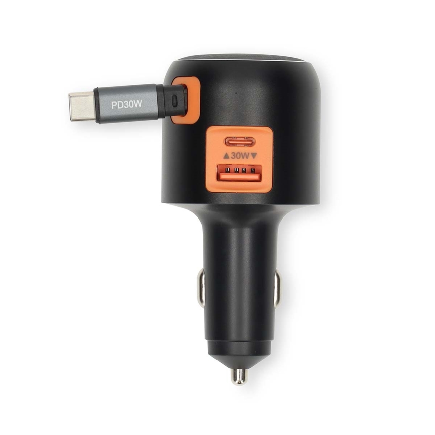 Automašīnas lādētājs ar izvelkamu kabeli Power Delivery 30W 2xUSB-C + 1xUSB-A