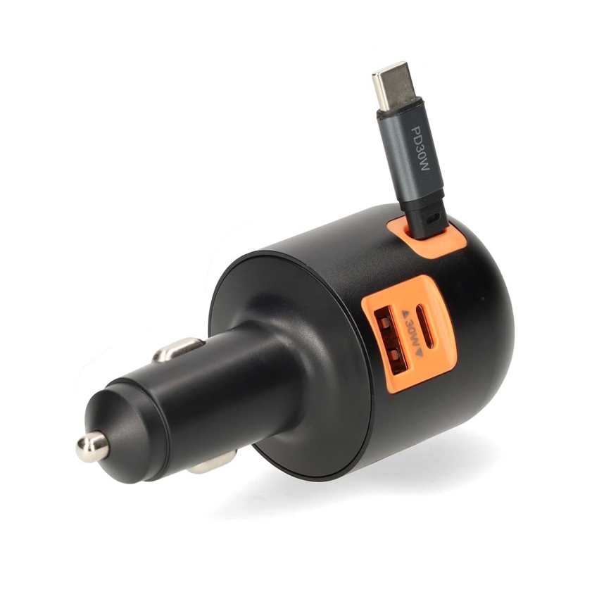 Automašīnas lādētājs ar izvelkamu kabeli Power Delivery 30W 2xUSB-C + 1xUSB-A