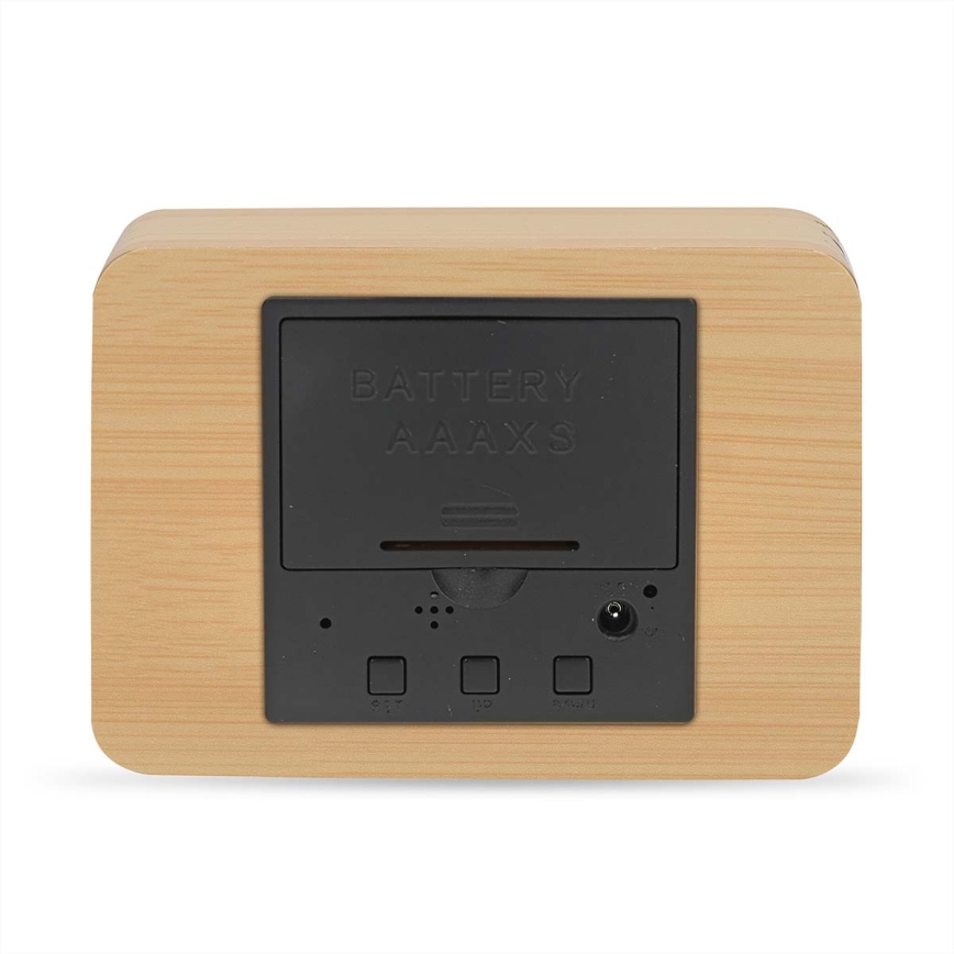 Digitālais modinātājs ar LED displeju un termometru, 5V/3xAAA, koka