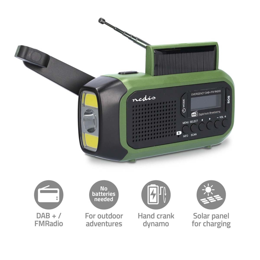DAB+/FM radio ar roku kloķi, saules paneli un 5V/2500 mAh LED lukturīti, zaļš/melns