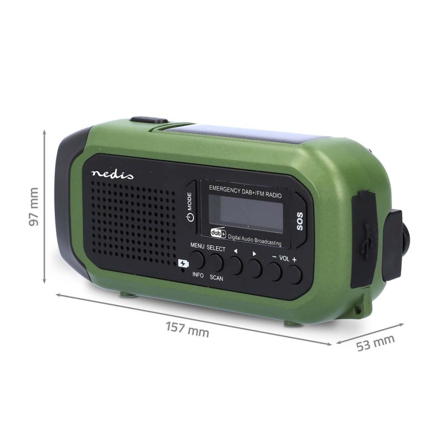 DAB+/FM radio ar roku kloķi, saules paneli un 5V/2500 mAh LED lukturīti, zaļš/melns