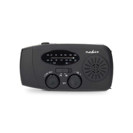 AM/FM radio ar rokas kloķi, saules paneli un 2000 mAh akumulatoru — iebūvēts LED lukturis