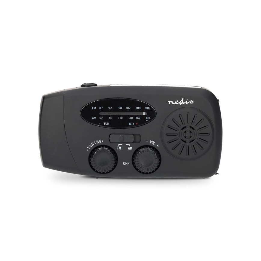 AM/FM radio ar rokas kloķi, saules paneli un 2000 mAh akumulatoru — iebūvēts LED lukturis
