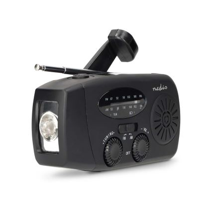 AM/FM radio ar rokas kloķi, saules paneli un 2000 mAh akumulatoru — iebūvēts LED lukturis