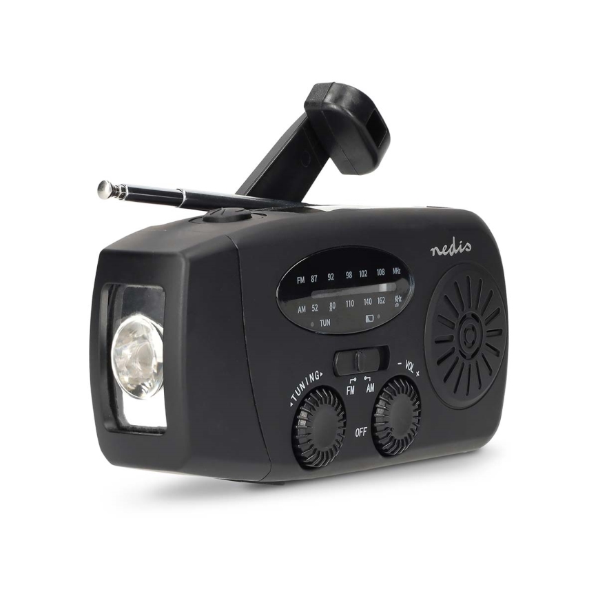 AM/FM radio ar rokas kloķi, saules paneli un 2000 mAh akumulatoru — iebūvēts LED lukturis