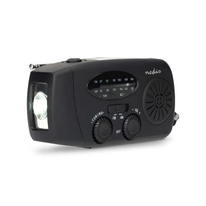 AM/FM radio ar rokas kloķi, saules paneli un 2000 mAh akumulatoru — iebūvēts LED lukturis